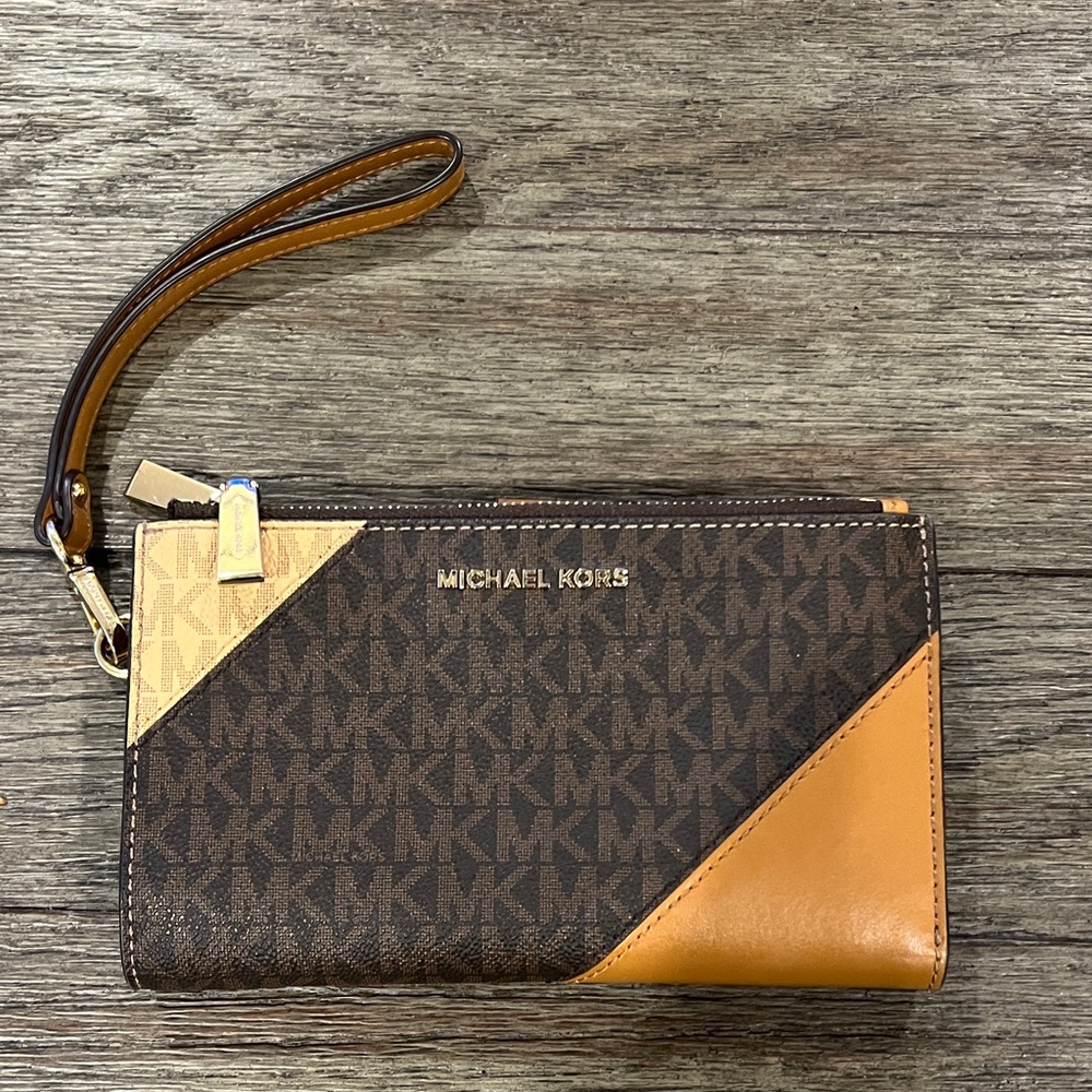 Michael Kors Tri-Tone Wristlet in Brown, Tan, and Gold